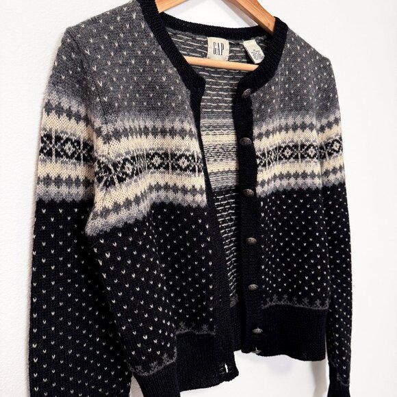 Vintage 90s GAP 100% Wool Black Fair Isle Nordic Cardigan Sweater Size Medium - Picture 7 of 10